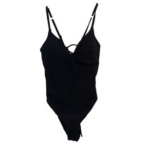 Epiphany LA Black Ribbed Lace Up One Piece Swimsuit Medium NWT Adjustable Strap